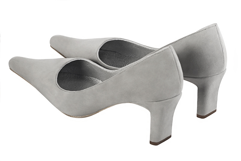 Pearl grey women's dress pumps,with a square neckline. Pointed toe. Medium comma heels. Rear view - Florence KOOIJMAN